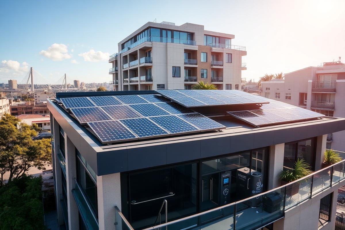 Sydney apartment building with rooftop solar panels and battery storage
