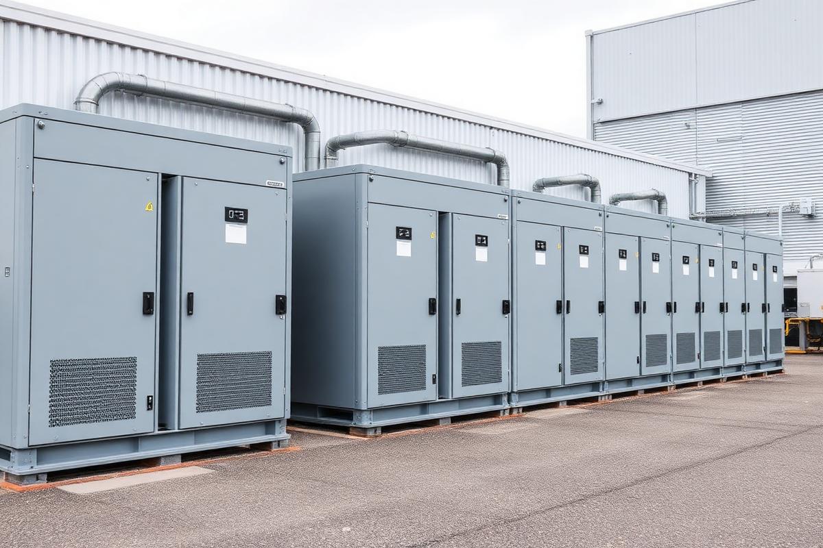 Grid-scale commercial battery energy storage cabinets at an industrial facility